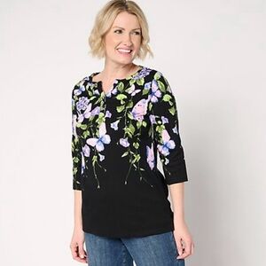 Quacker Factory Hydrangeas & Butterflies Printed 3/4 Sleeve Top